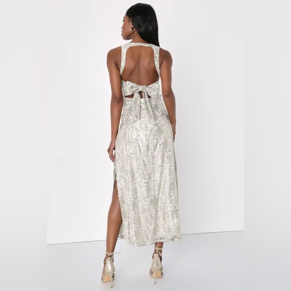 Lulus Size Medium Romantic Charm White and Gold Floral Print Tie-Back Midi Dress - Picture 4 of 9